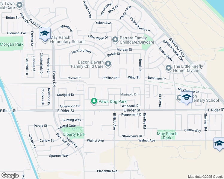 map of restaurants, bars, coffee shops, grocery stores, and more near 1391 Sunflower Way in Perris
