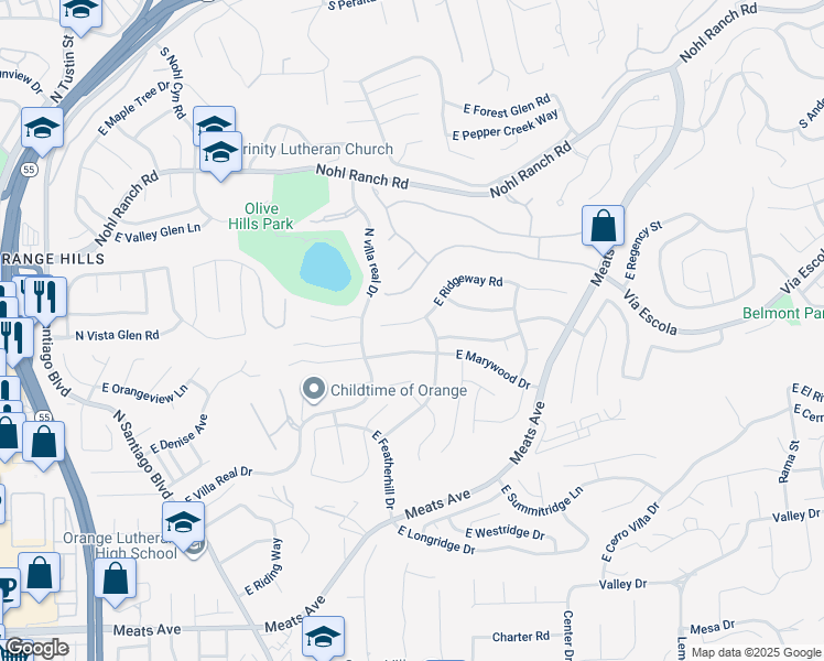 map of restaurants, bars, coffee shops, grocery stores, and more near 3216 East Ridgeway Road in Orange