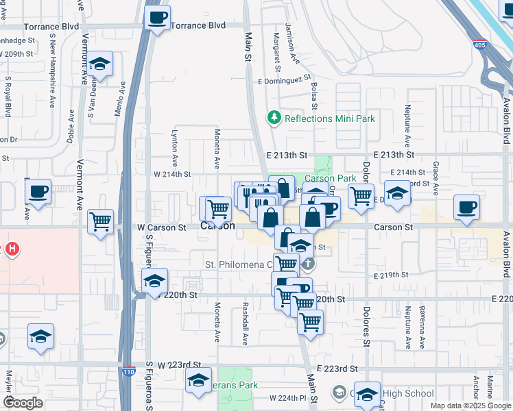 map of restaurants, bars, coffee shops, grocery stores, and more near 131 West Carson Street in Carson