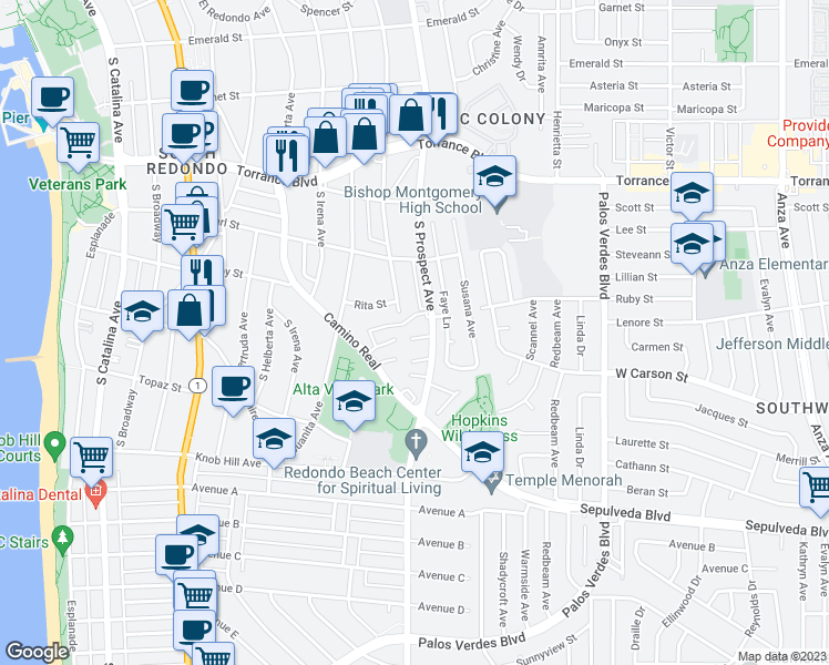 map of restaurants, bars, coffee shops, grocery stores, and more near 814 Camino Real in Redondo Beach