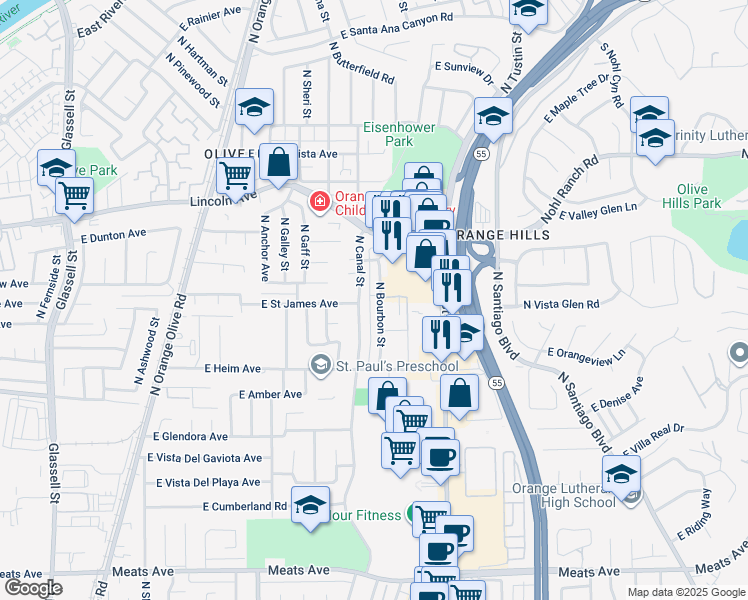 map of restaurants, bars, coffee shops, grocery stores, and more near 2627 North Bourbon Street in Orange