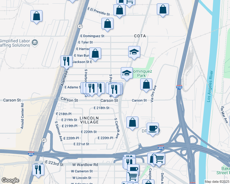 map of restaurants, bars, coffee shops, grocery stores, and more near 2711 East Washington Street in Carson