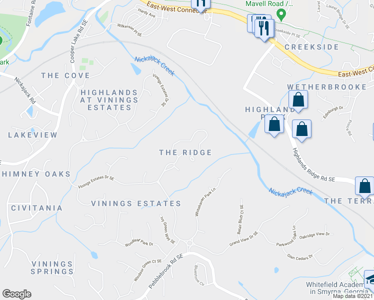 map of restaurants, bars, coffee shops, grocery stores, and more near 586 Vinings Estates Drive Southeast in Mableton