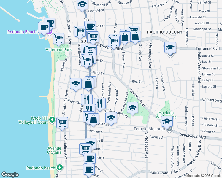 map of restaurants, bars, coffee shops, grocery stores, and more near 526 South Helberta Avenue in Redondo Beach
