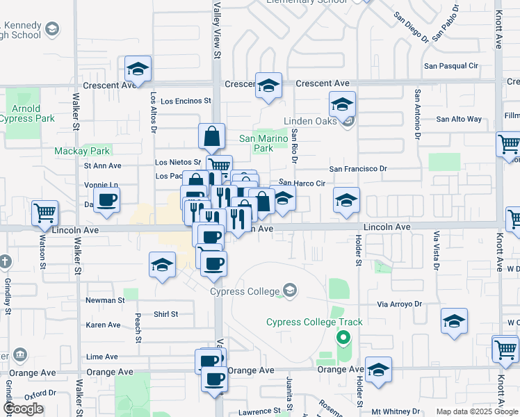 map of restaurants, bars, coffee shops, grocery stores, and more near 8932 Valley View Street in Buena Park