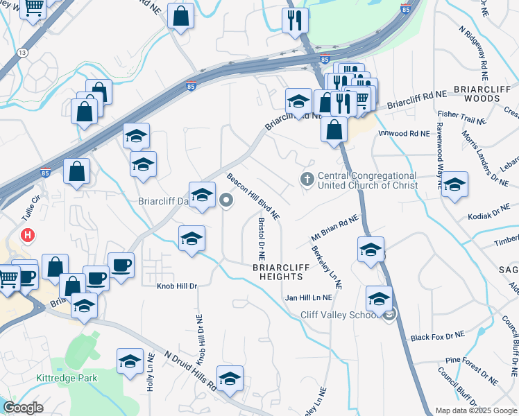 map of restaurants, bars, coffee shops, grocery stores, and more near 1752 Beacon Hill Boulevard Northeast in Atlanta
