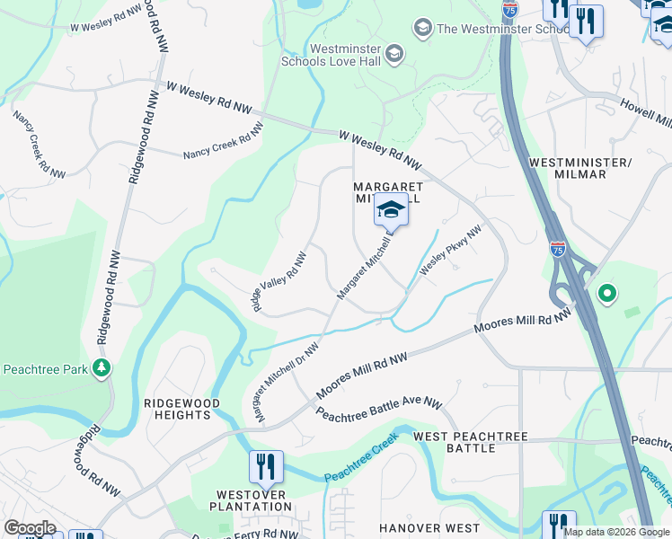 map of restaurants, bars, coffee shops, grocery stores, and more near 1557 Wesley Parkway Northwest in Atlanta