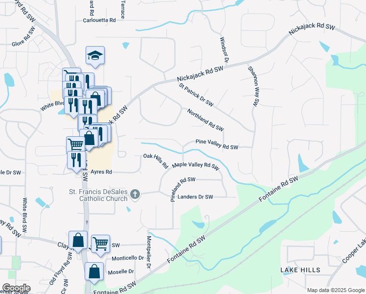 map of restaurants, bars, coffee shops, grocery stores, and more near 503 Valley Creek Road Southwest in Mableton