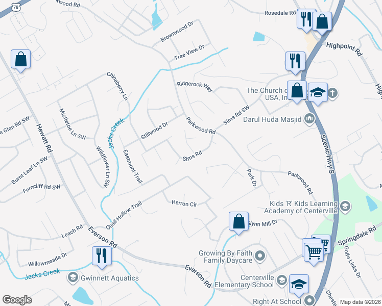 map of restaurants, bars, coffee shops, grocery stores, and more near 3485 Sims Road in Snellville