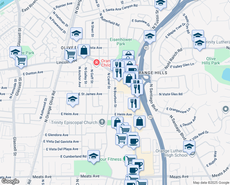 map of restaurants, bars, coffee shops, grocery stores, and more near 2504 North Bourbon Street in Orange