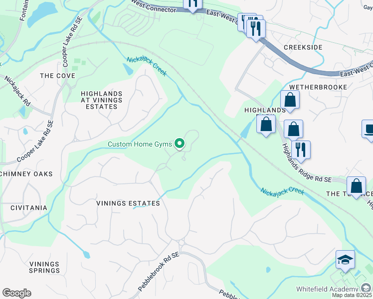 map of restaurants, bars, coffee shops, grocery stores, and more near 586 Vinings Estates Drive Southeast in Mableton