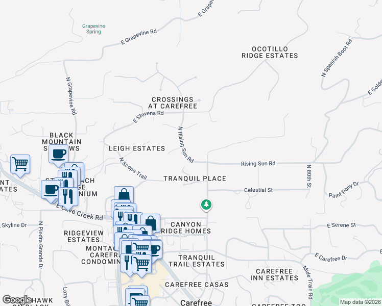 map of restaurants, bars, coffee shops, grocery stores, and more near 38301 North Rising Sun Road in Carefree