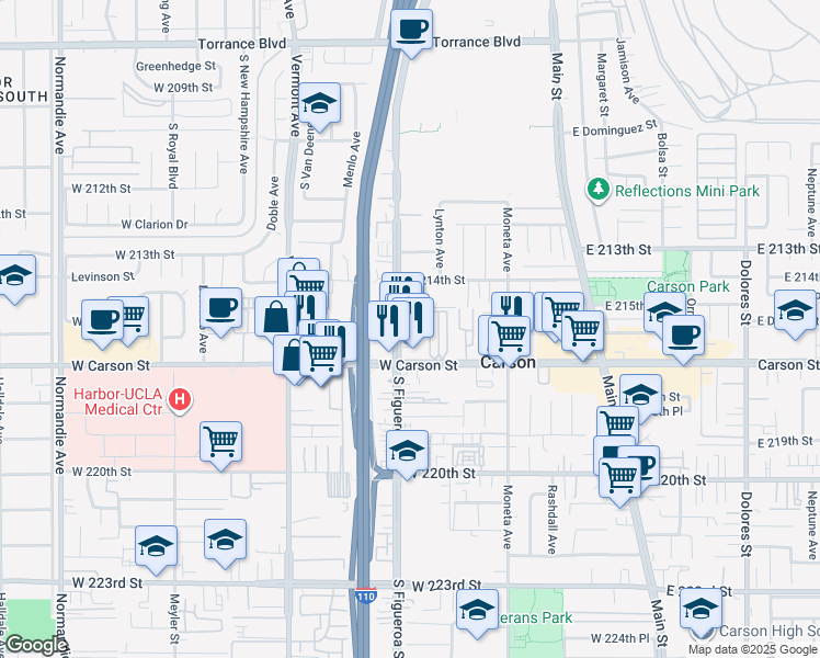 map of restaurants, bars, coffee shops, grocery stores, and more near 21602 South Figueroa Street in Carson