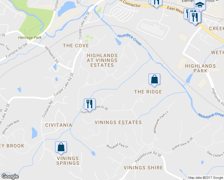 map of restaurants, bars, coffee shops, grocery stores, and more near 5056 Vinings Estates Court Southeast in Mableton