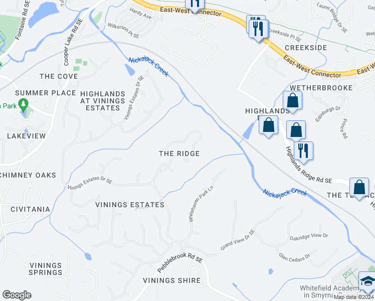 map of restaurants, bars, coffee shops, grocery stores, and more near 588 Vinings Estates Drive Southeast in Mableton