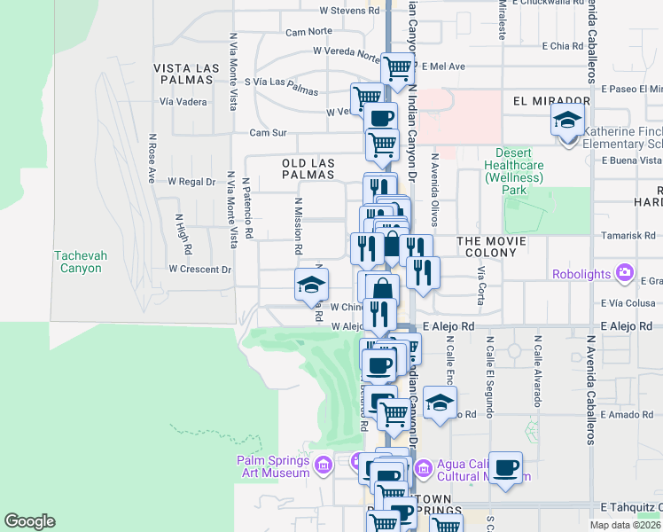 map of restaurants, bars, coffee shops, grocery stores, and more near 271 West Merito Place in Palm Springs