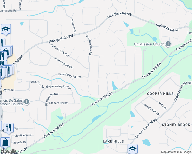 map of restaurants, bars, coffee shops, grocery stores, and more near 5032 Waterford Drive Southwest in Mableton