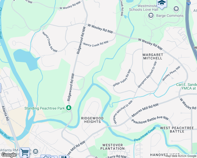 map of restaurants, bars, coffee shops, grocery stores, and more near 1774 Ridge Valley Court Northwest in Atlanta