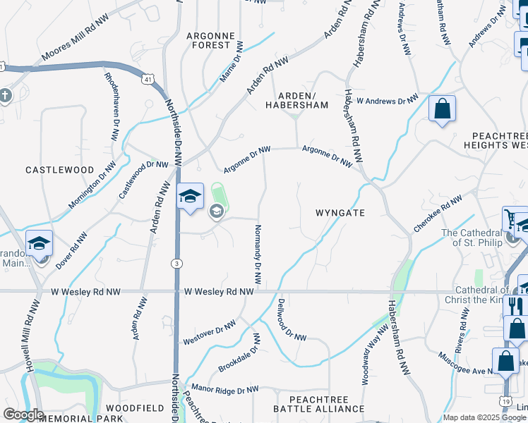 map of restaurants, bars, coffee shops, grocery stores, and more near 2855 Normandy Drive Northwest in Atlanta