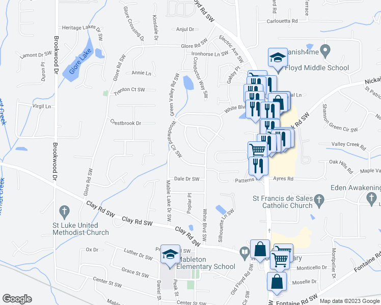 map of restaurants, bars, coffee shops, grocery stores, and more near 4956 Sweet Valley Road in Mableton