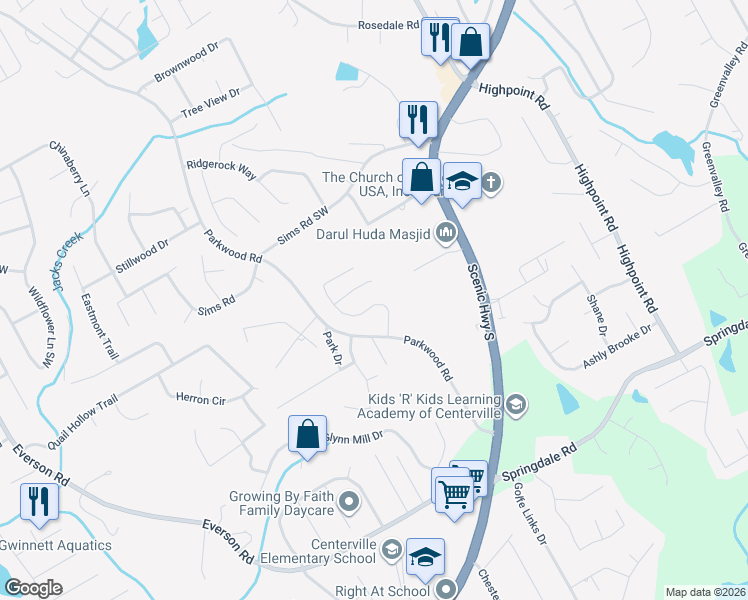 map of restaurants, bars, coffee shops, grocery stores, and more near 3010 Rusticwood Drive Southwest in Snellville