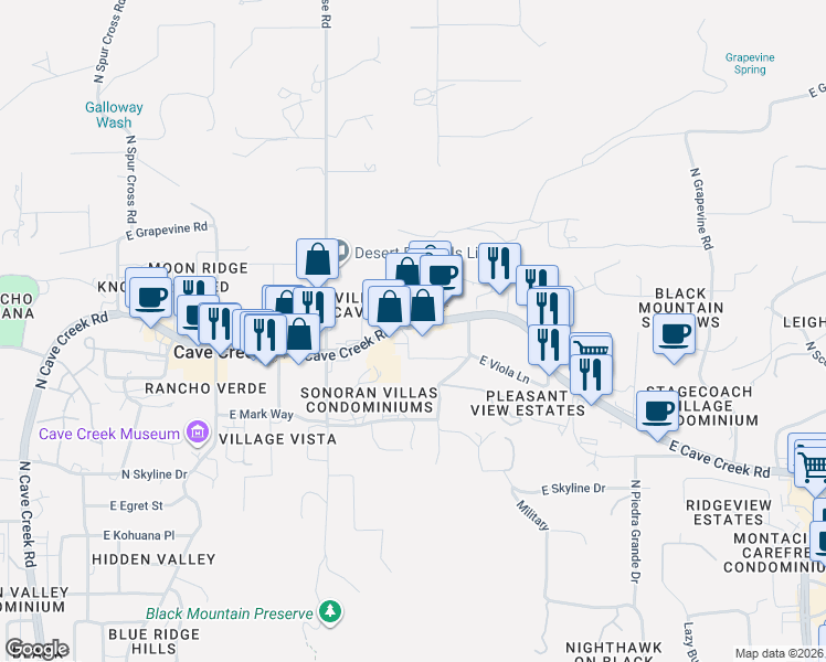 map of restaurants, bars, coffee shops, grocery stores, and more near 6501 East Cave Creek Road in Cave Creek