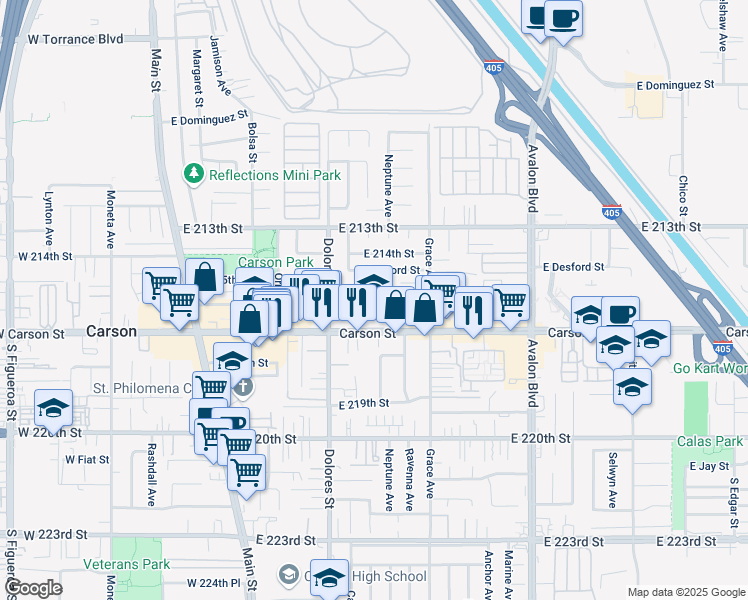 map of restaurants, bars, coffee shops, grocery stores, and more near 356 East Double Street in Carson
