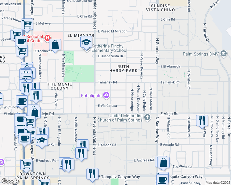 map of restaurants, bars, coffee shops, grocery stores, and more near 1142 East Granvia Valmonte in Palm Springs