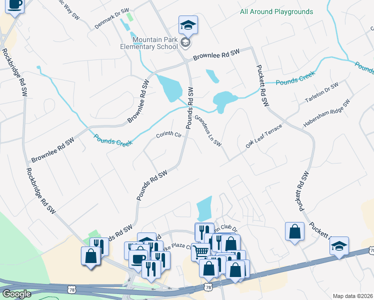 map of restaurants, bars, coffee shops, grocery stores, and more near 1682 Pounds Road Southwest in Stone Mountain