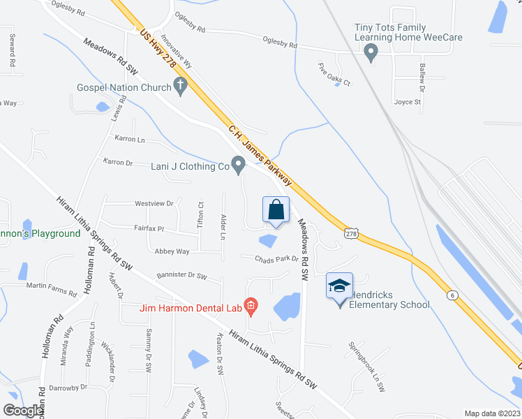 map of restaurants, bars, coffee shops, grocery stores, and more near 5545 Wheatfield Lane in Powder Springs