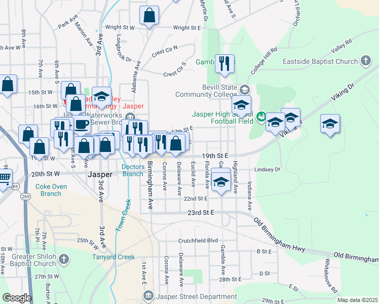 map of restaurants, bars, coffee shops, grocery stores, and more near 450-498 19th Street East in Jasper