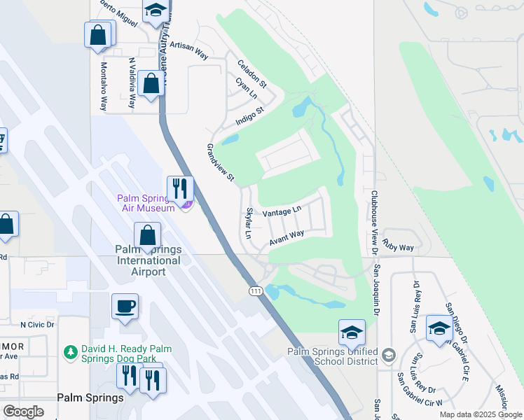 map of restaurants, bars, coffee shops, grocery stores, and more near 4325 Vantage Lane in Palm Springs