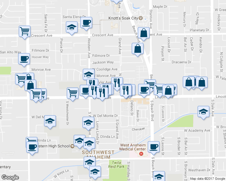 map of restaurants, bars, coffee shops, grocery stores, and more near 3118 West Polk Avenue in Anaheim
