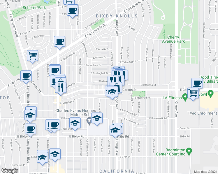 map of restaurants, bars, coffee shops, grocery stores, and more near 1149 Carson Street in Long Beach
