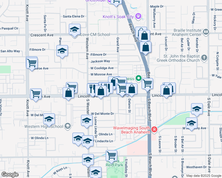 map of restaurants, bars, coffee shops, grocery stores, and more near 3119 West Lincoln Avenue in Anaheim