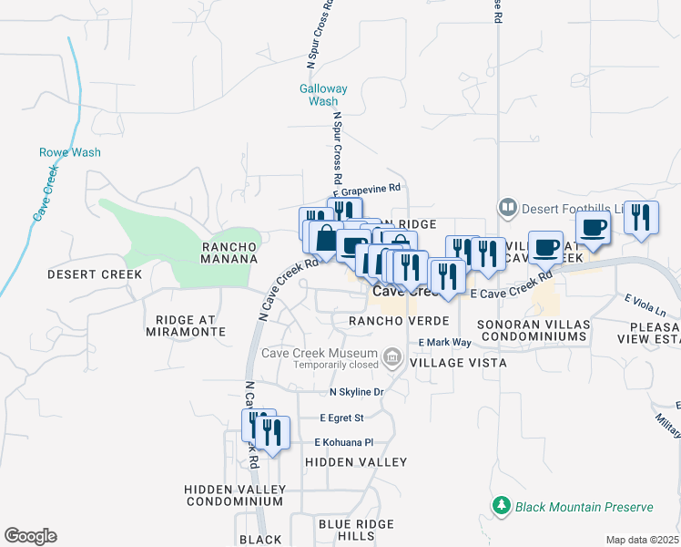 map of restaurants, bars, coffee shops, grocery stores, and more near 6025 East Cave Creek Road in Cave Creek