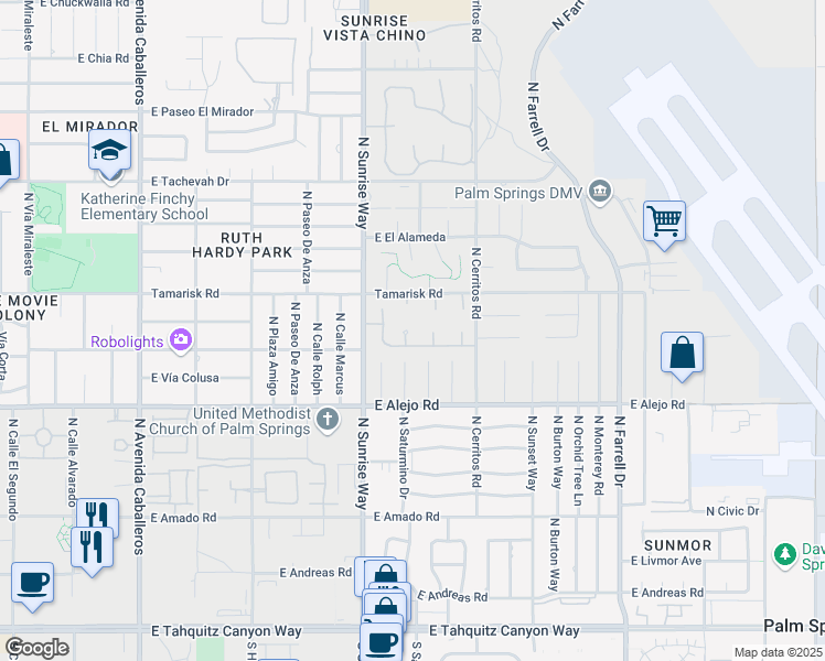 map of restaurants, bars, coffee shops, grocery stores, and more near 672 North Majorca Circle in Palm Springs