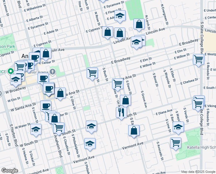 map of restaurants, bars, coffee shops, grocery stores, and more near 26 East Santa Ana Street in Anaheim