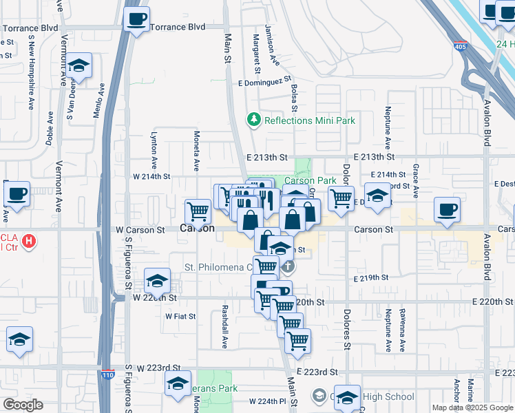 map of restaurants, bars, coffee shops, grocery stores, and more near 109 East 216th Street in Carson