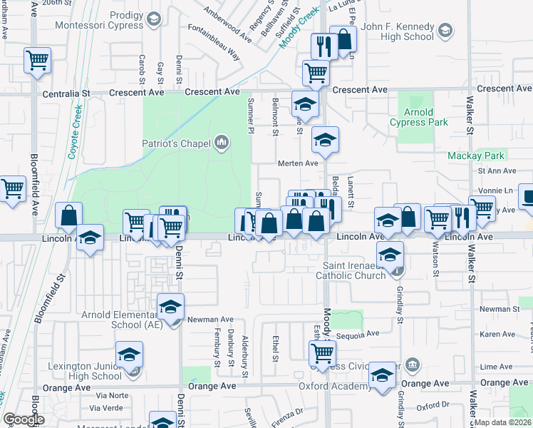 map of restaurants, bars, coffee shops, grocery stores, and more near 4792 Alaska Avenue in Cypress