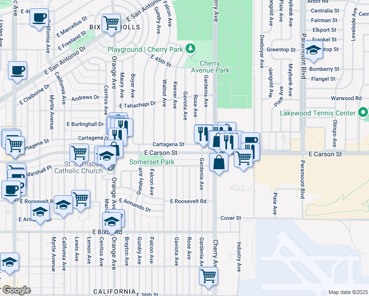 map of restaurants, bars, coffee shops, grocery stores, and more near 1726 Cartagena Street in Long Beach