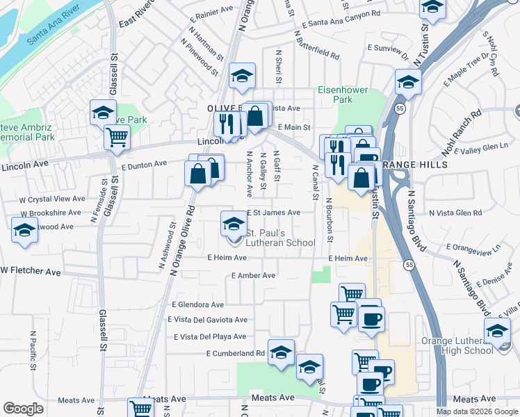 map of restaurants, bars, coffee shops, grocery stores, and more near 1001 East Saint James Avenue in Orange