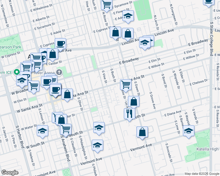 map of restaurants, bars, coffee shops, grocery stores, and more near 920 East Santa Ana Street in Anaheim