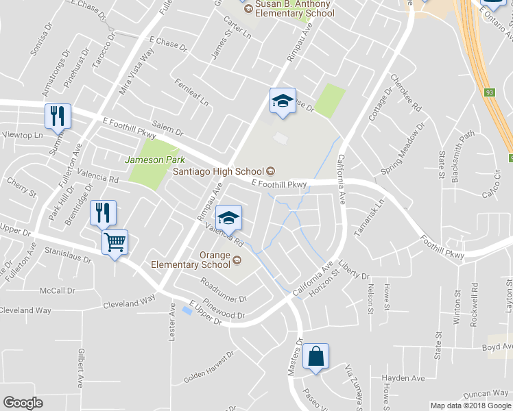 map of restaurants, bars, coffee shops, grocery stores, and more near 3280 Walkenridge Drive in Corona