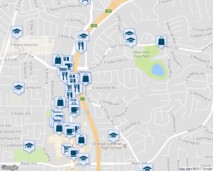 map of restaurants, bars, coffee shops, grocery stores, and more near 2204 North Vista Glen Road in Orange