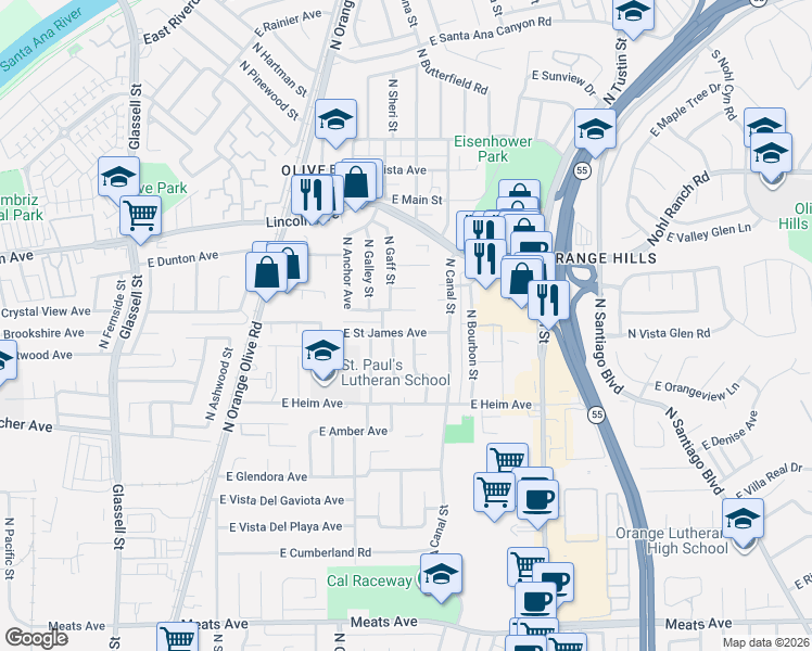 map of restaurants, bars, coffee shops, grocery stores, and more near 2614 North Bortz Street in Orange