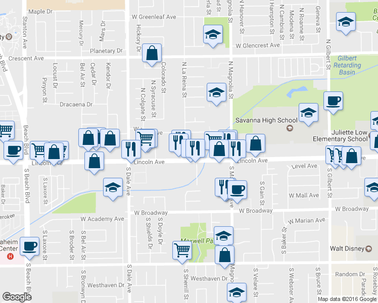map of restaurants, bars, coffee shops, grocery stores, and more near 2673 West Lincoln Avenue in Anaheim