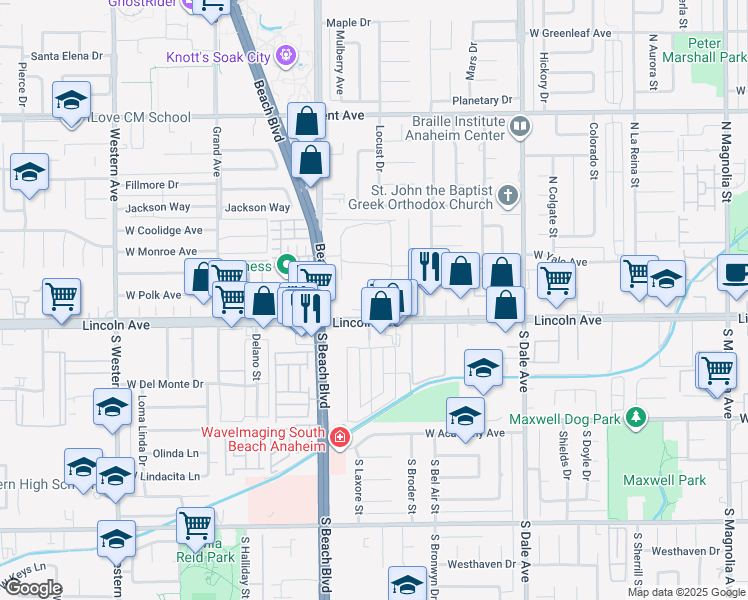 map of restaurants, bars, coffee shops, grocery stores, and more near 2955-2999 W Lincoln Ave in Anaheim