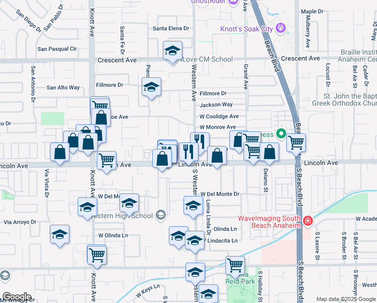 map of restaurants, bars, coffee shops, grocery stores, and more near 3231 West Lincoln Avenue in Anaheim
