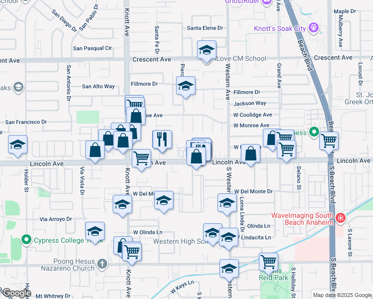 map of restaurants, bars, coffee shops, grocery stores, and more near 3325 West Lincoln Avenue in Anaheim